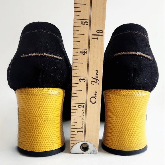Fendi Austen Black Suede Leather Loafer Pumps, Slip-On W/Stacked Yellow Heel 37 - Picture 5 of 16